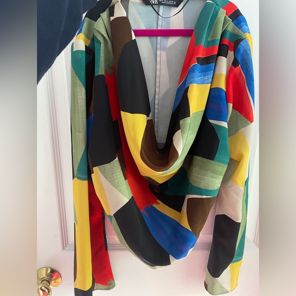 Colorful silky slinky Picasso inspired Zara shirt. Size small with bell sleeves